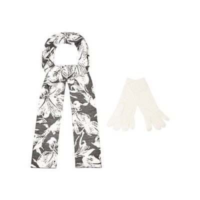 Grey floral print scarf and gloves set